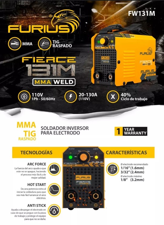 Soldadora Inversora Mini Furius Fierce 131m Mini 130 Amp 110v Color Amarillo