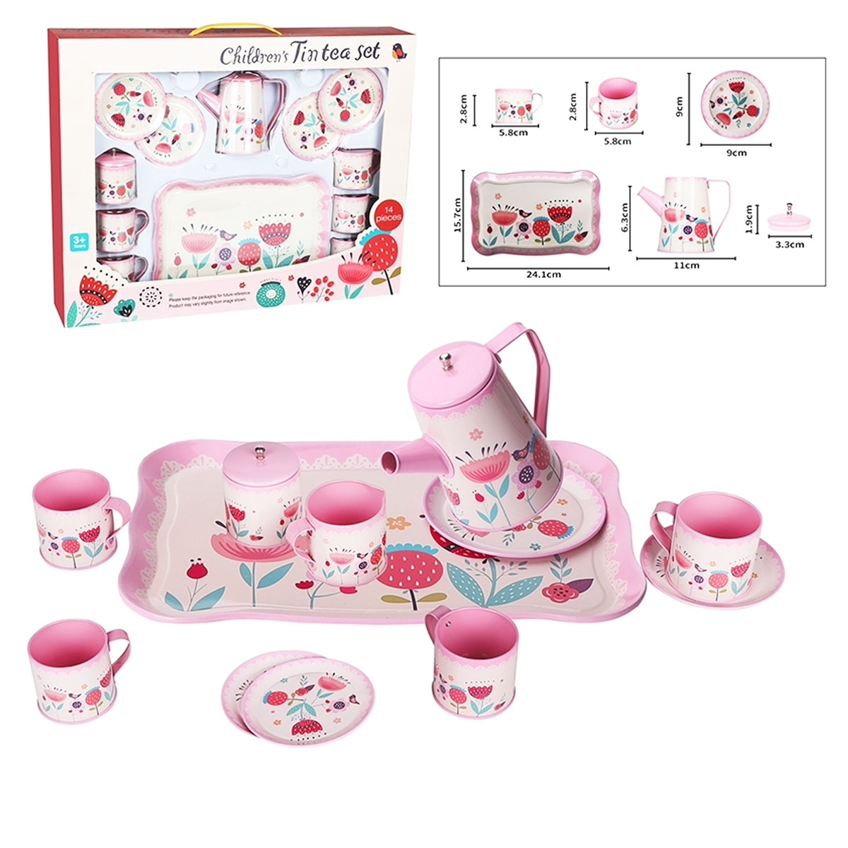  juego de Té Grande Metalico de 14 Piezas, Rosa 