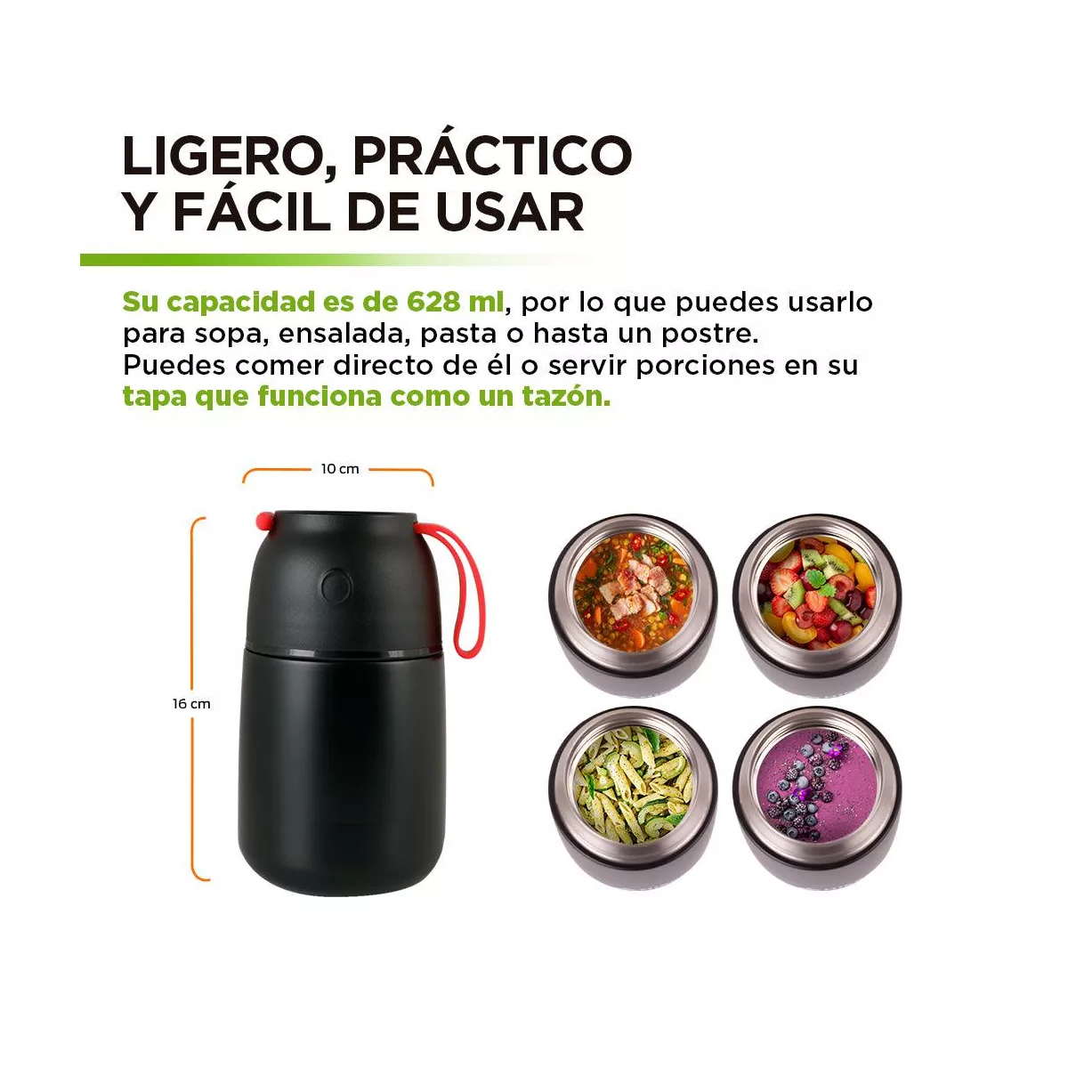 Termo de Acero Inoxidable 628 ml para Comida Caliente y Fría
