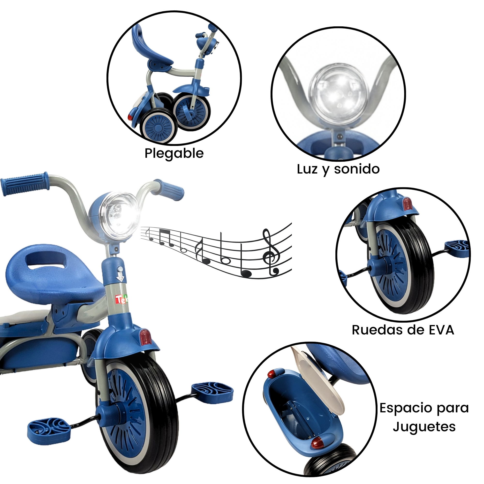 Triciclo para Niños Plegable con Luz y Sonido de 2 a 4 años -Azul