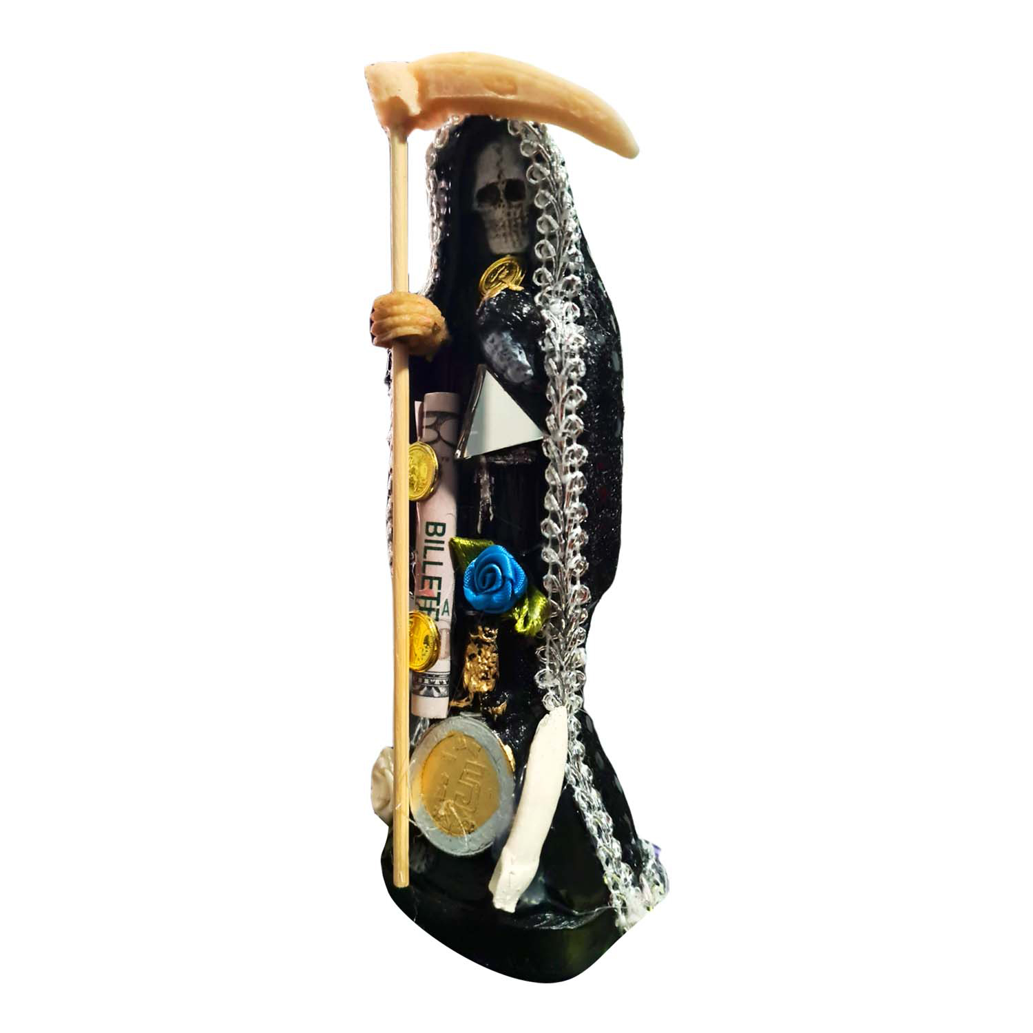Santa Muerte Negra 15 Cm Vestida + Libro Oraciones Rituales