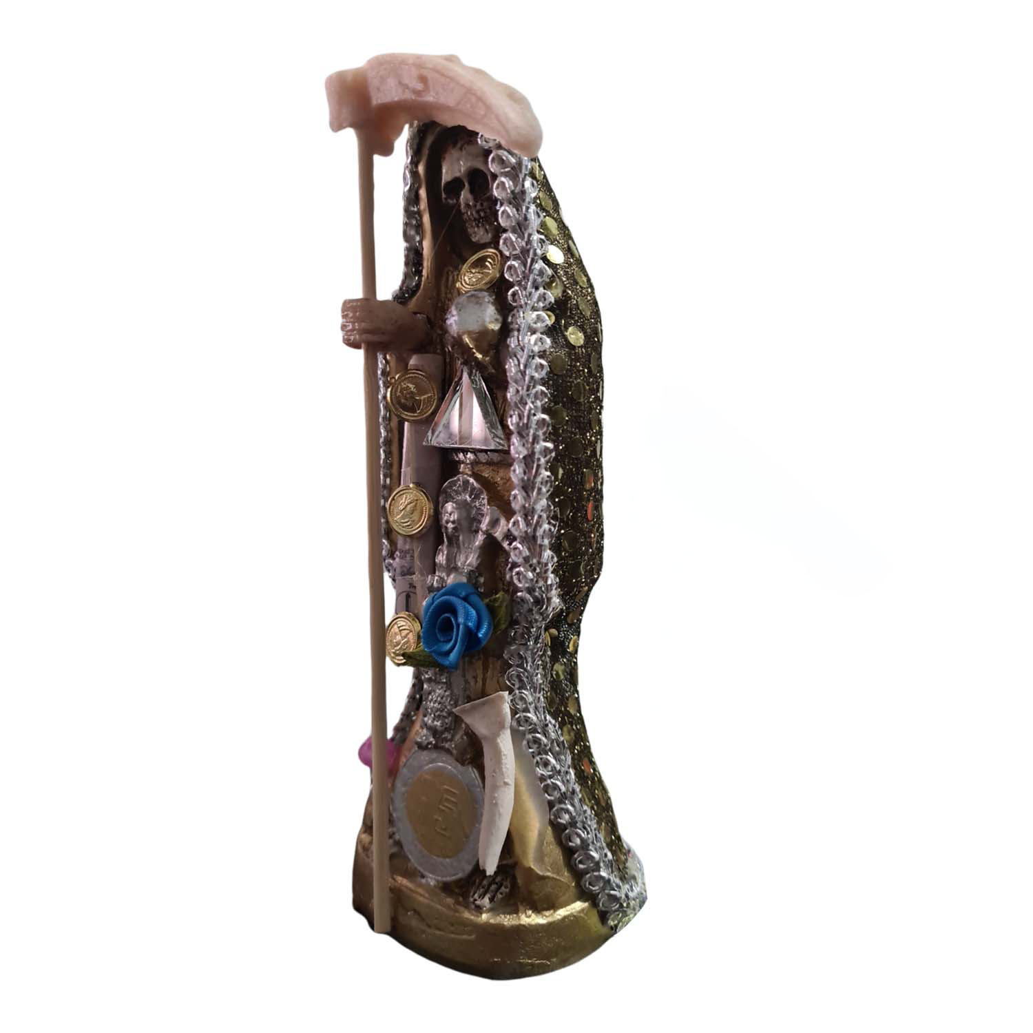 Santa Muerte Dorada 15 Cm Vestida + Libro Oraciones Rituales