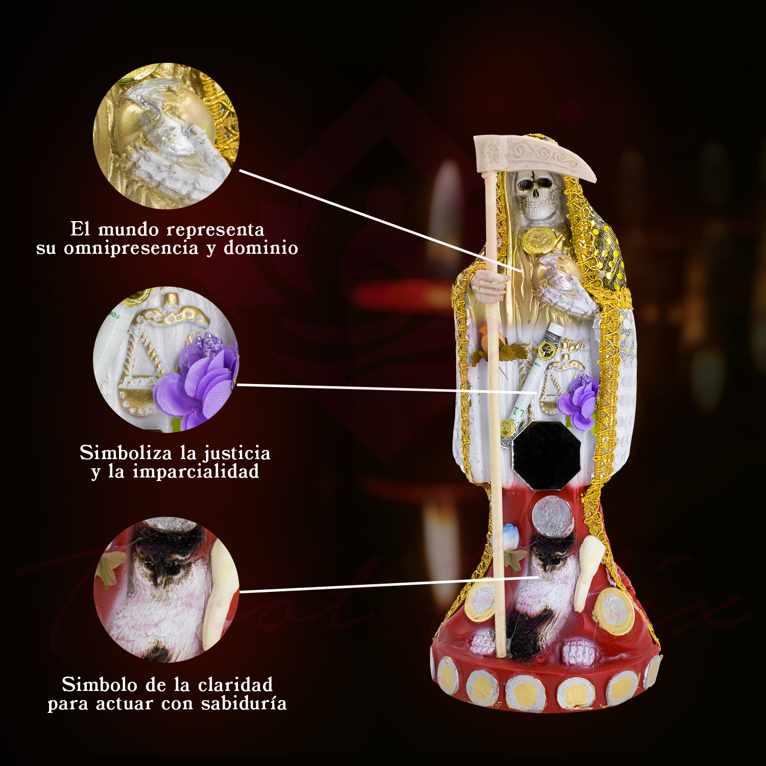 Santa Muerte 3 Virtudes Vestida 15 cm+ Libro
