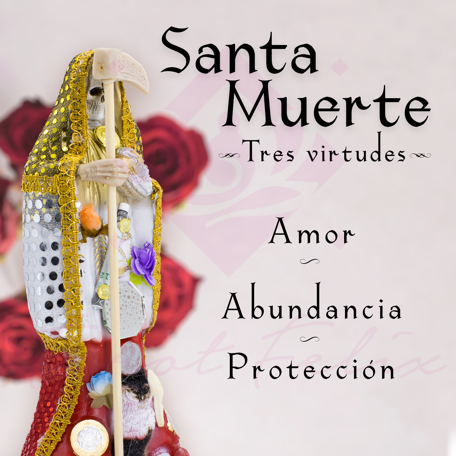 Santa Muerte 3 Virtudes Vestida 15 cm+ Libro