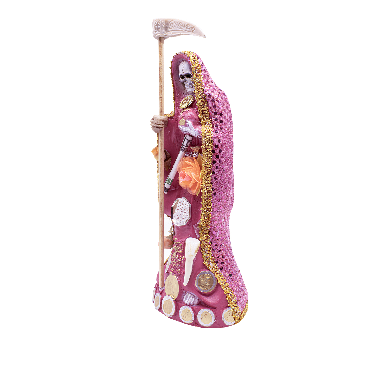 Santa Muerte Rosa Amor Armonía Vestida 15 Cm + Biblia
