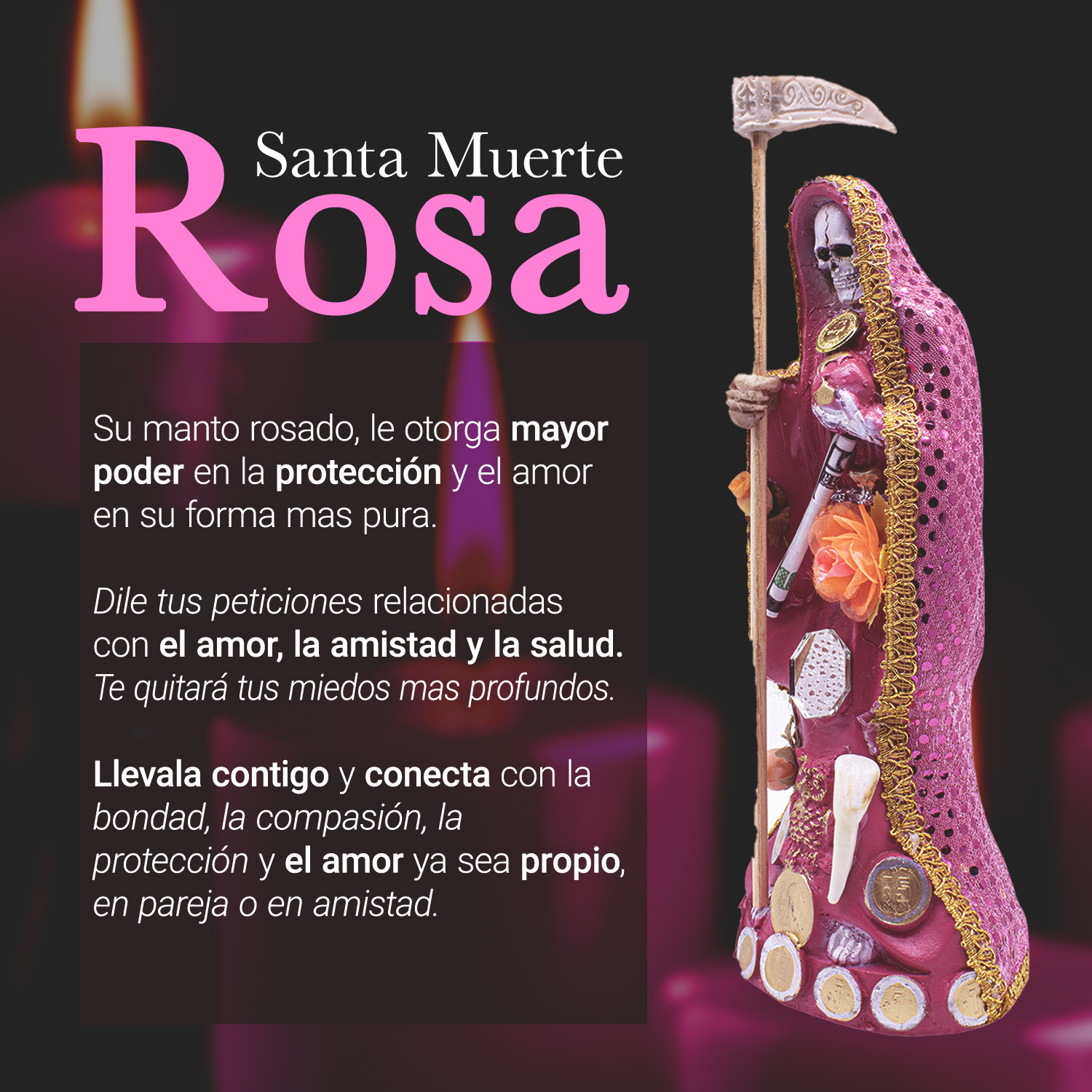 Santa Muerte Rosa Amor Armonía Vestida 15 Cm + Biblia