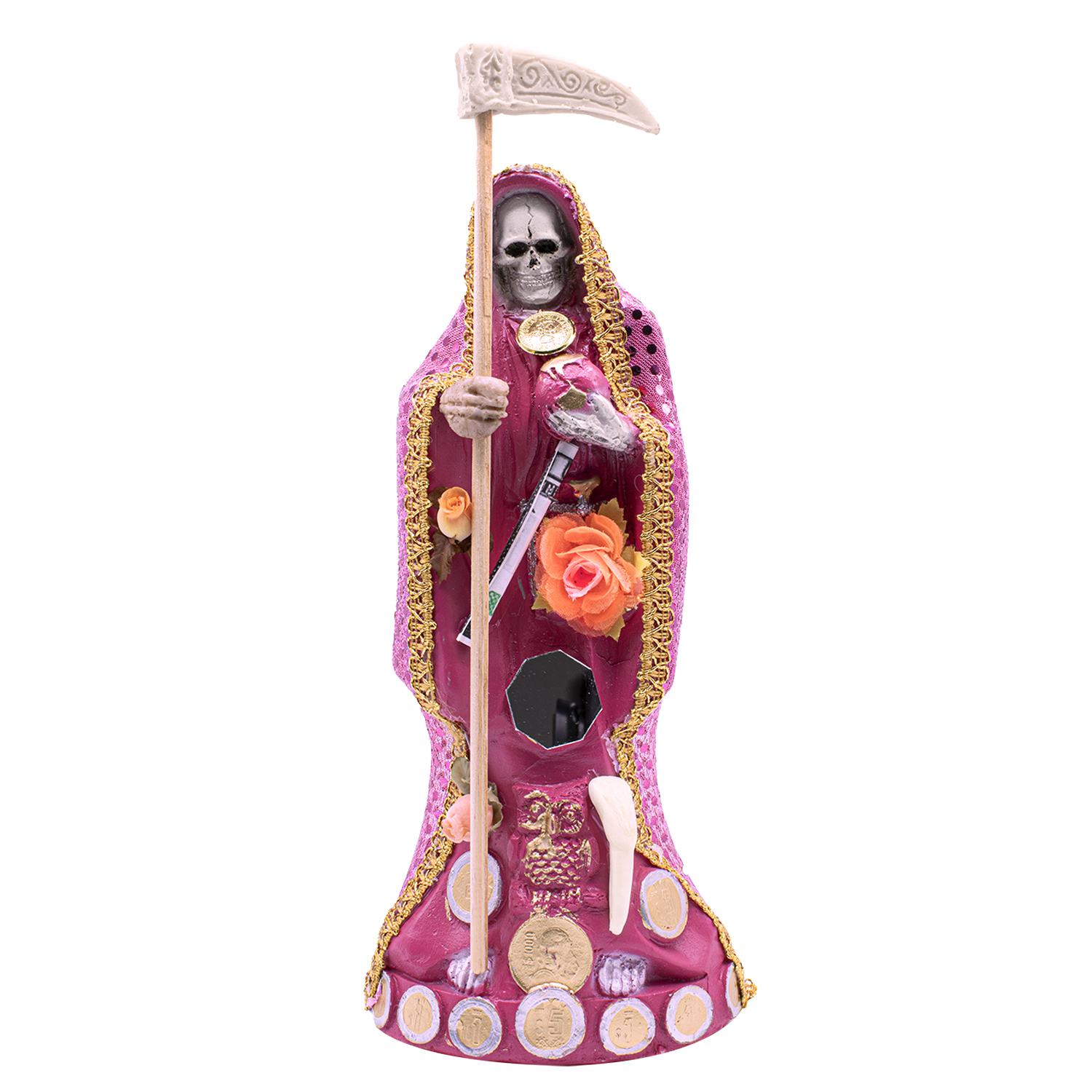 Santa Muerte Rosa Amor Armonía Vestida 15 Cm + Biblia