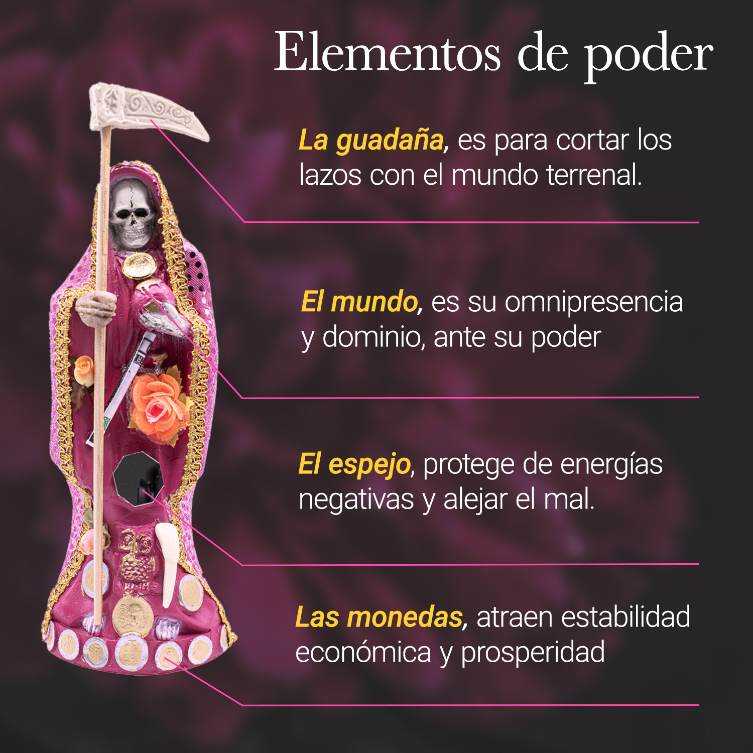 Santa Muerte Rosa Amor Armonía Vestida 24cm + Libro Esotérico