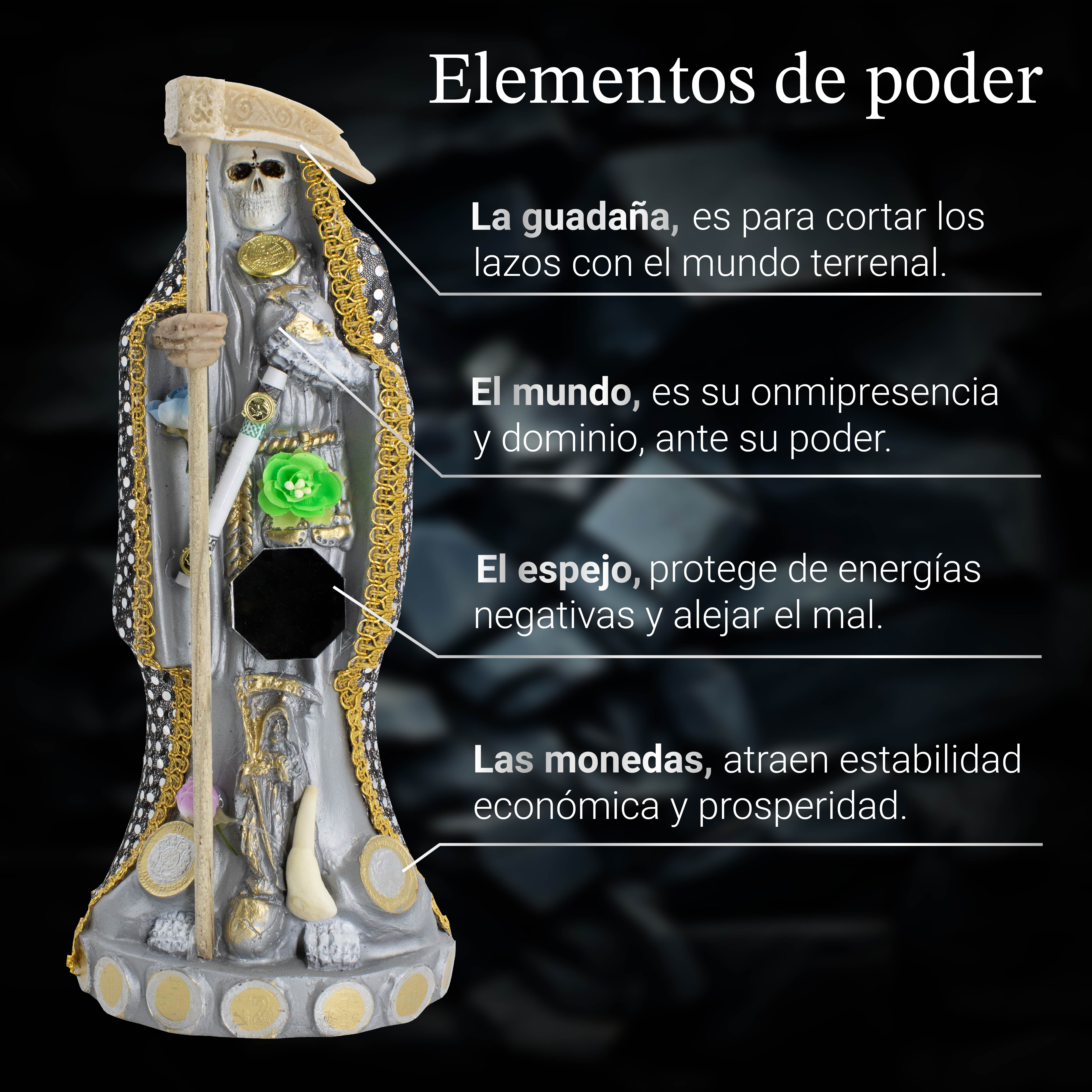 Santa Muerte Vestida Plateada para el Éxito Y Abundancia 24 CM + Libro Esotérico