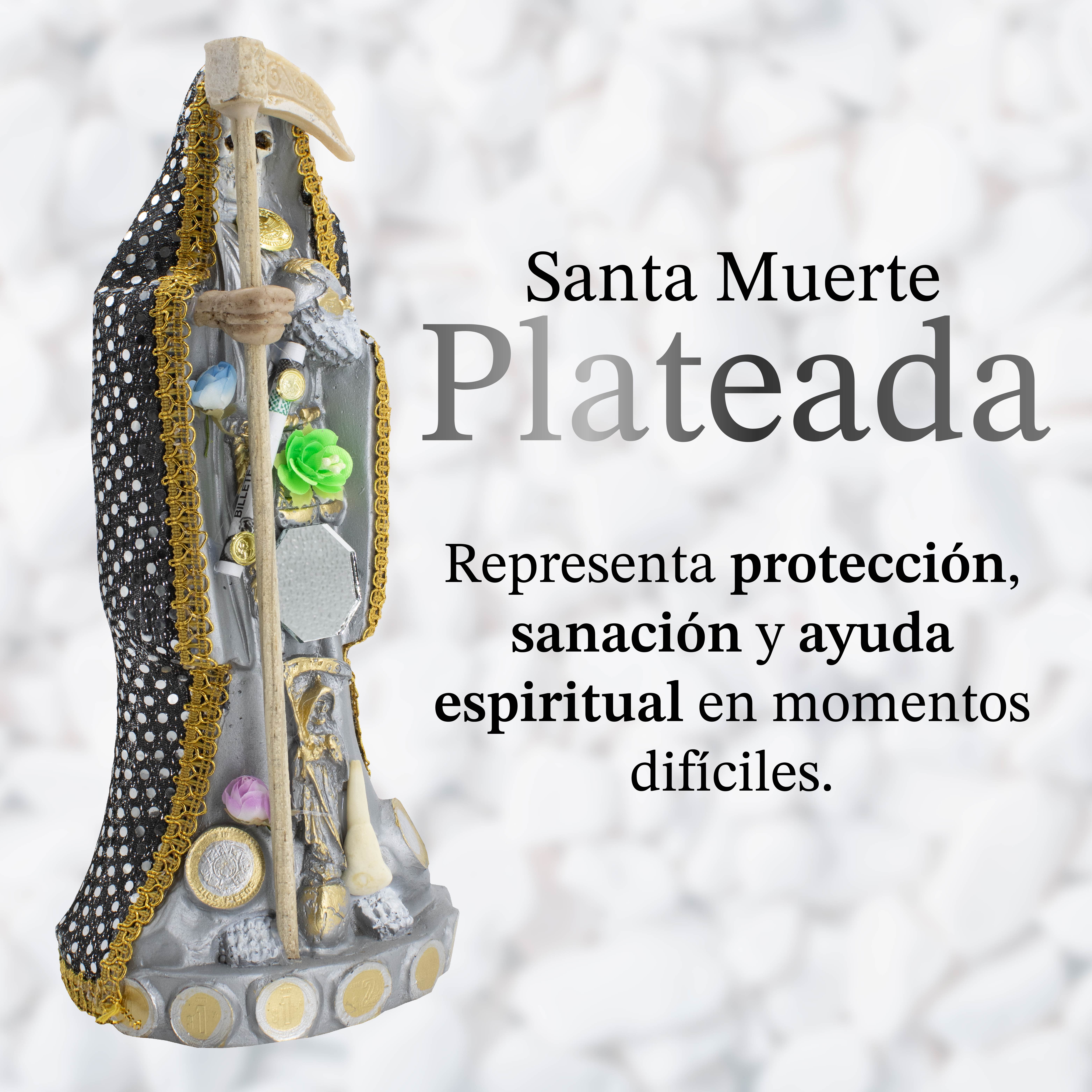 Santa Muerte Vestida Plateada para el Éxito Y Abundancia 24 CM + Libro Esotérico