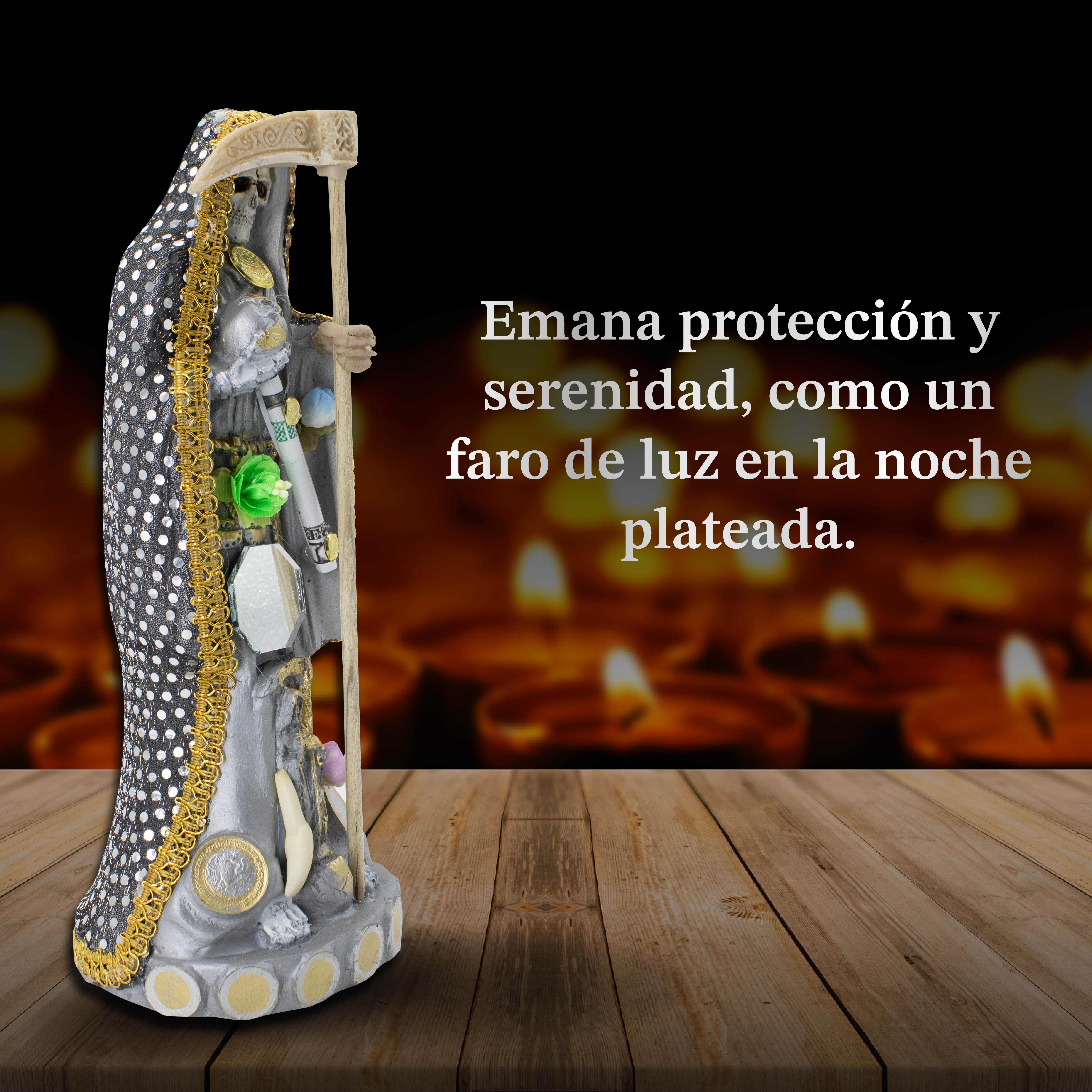 Santa Muerte Vestida Plateada para el Éxito Y Abundancia 24 CM + Libro Esotérico