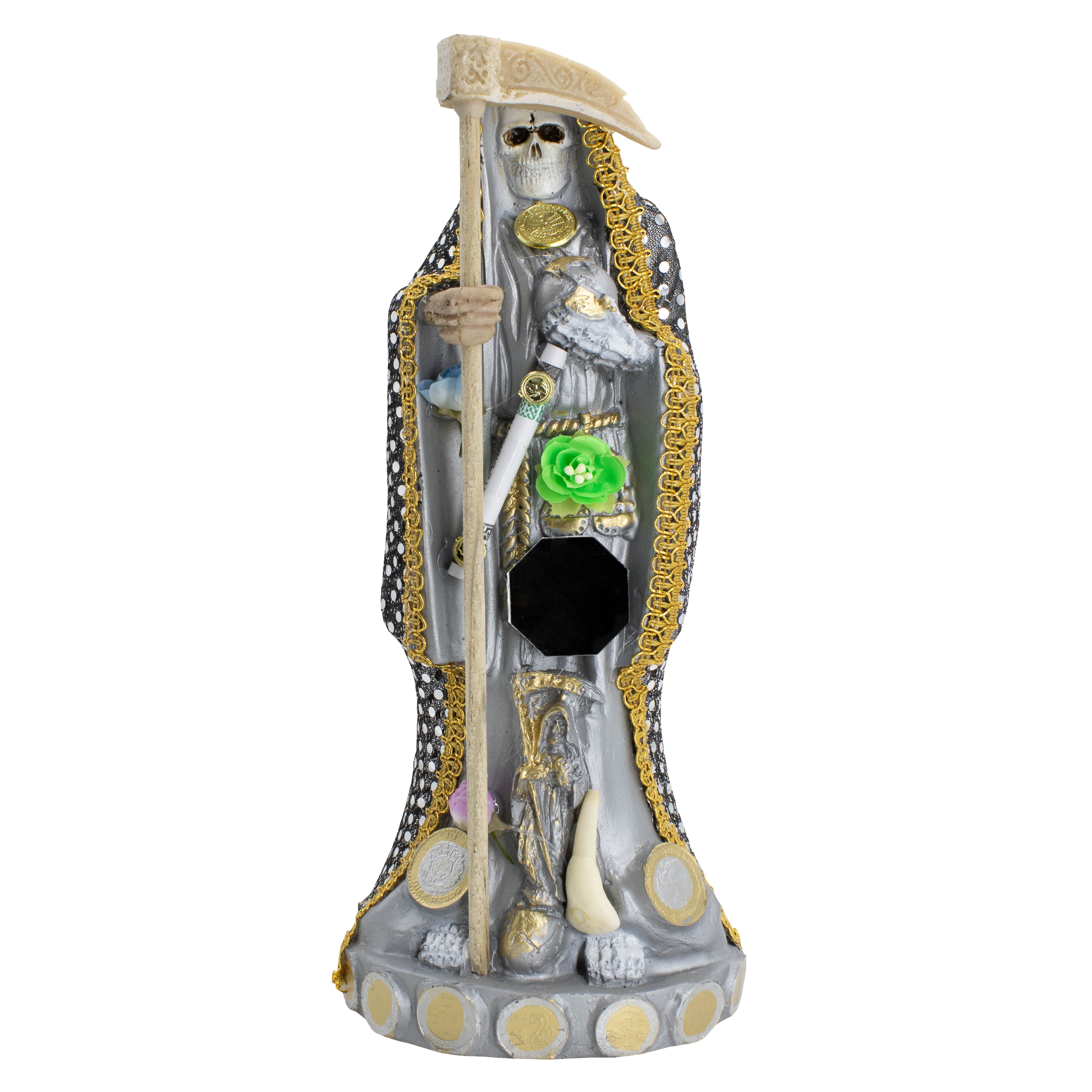 Santa Muerte Vestida Plateada para el Éxito Y Abundancia 24 CM + Libro Esotérico