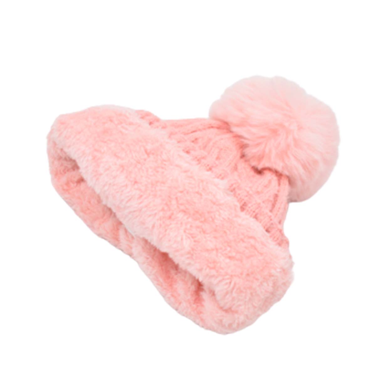 Gorro Tejido Rosa Interior Afelpado y Pompón
