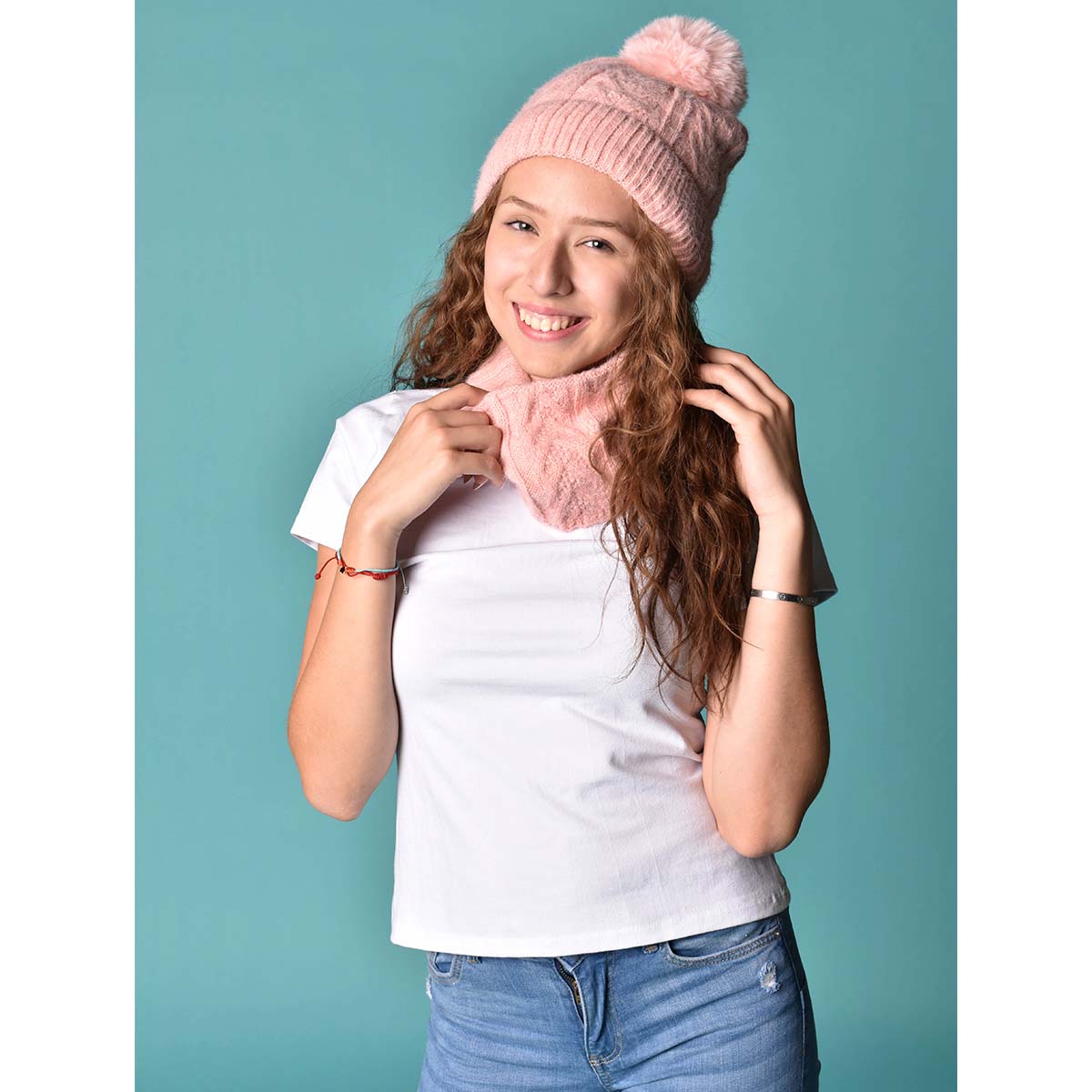 Gorro Tejido Rosa Interior Afelpado y Pompón
