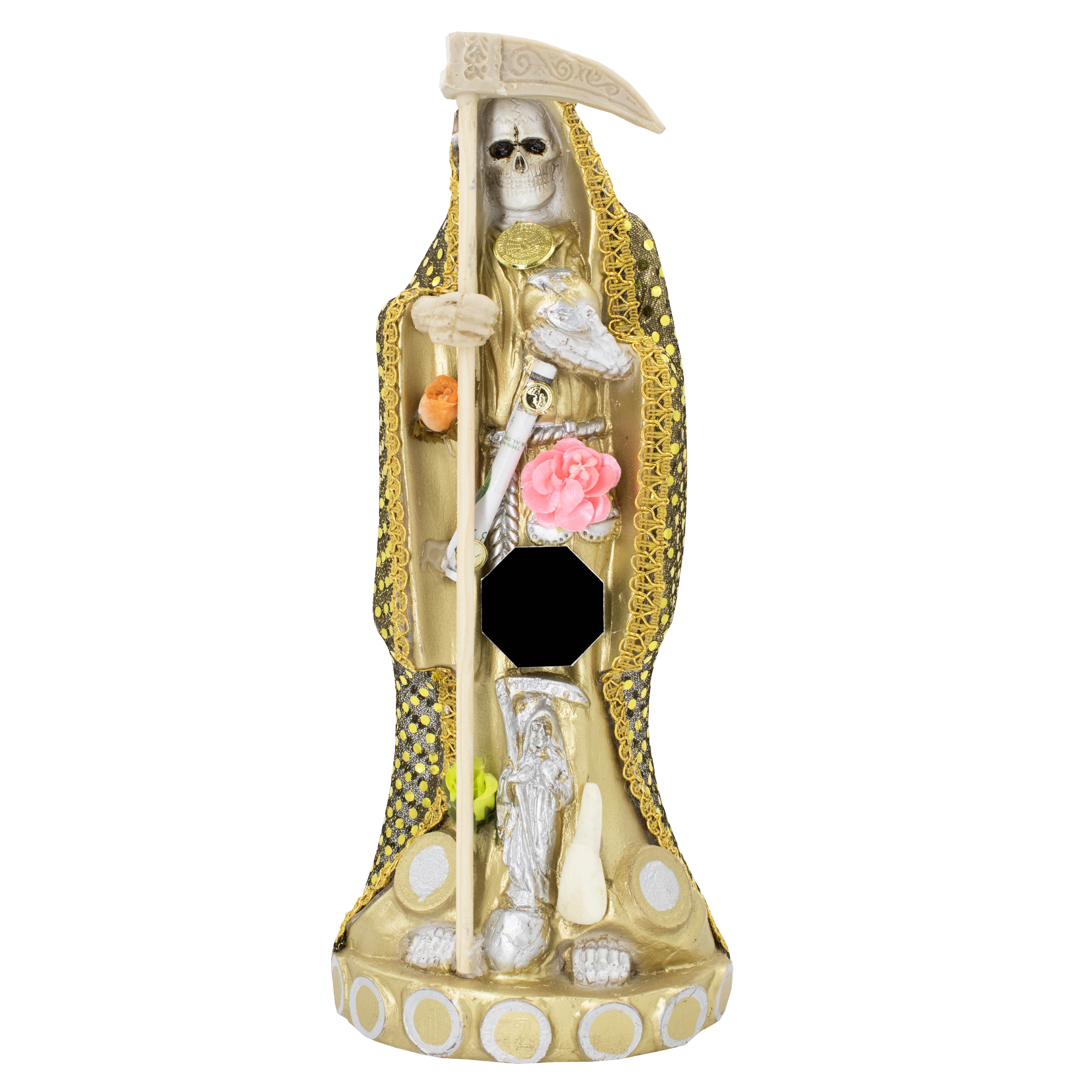 Santa Muerte Dorada para Dinero Y Negocio Vestida 30 Cm + Libro Esotérico