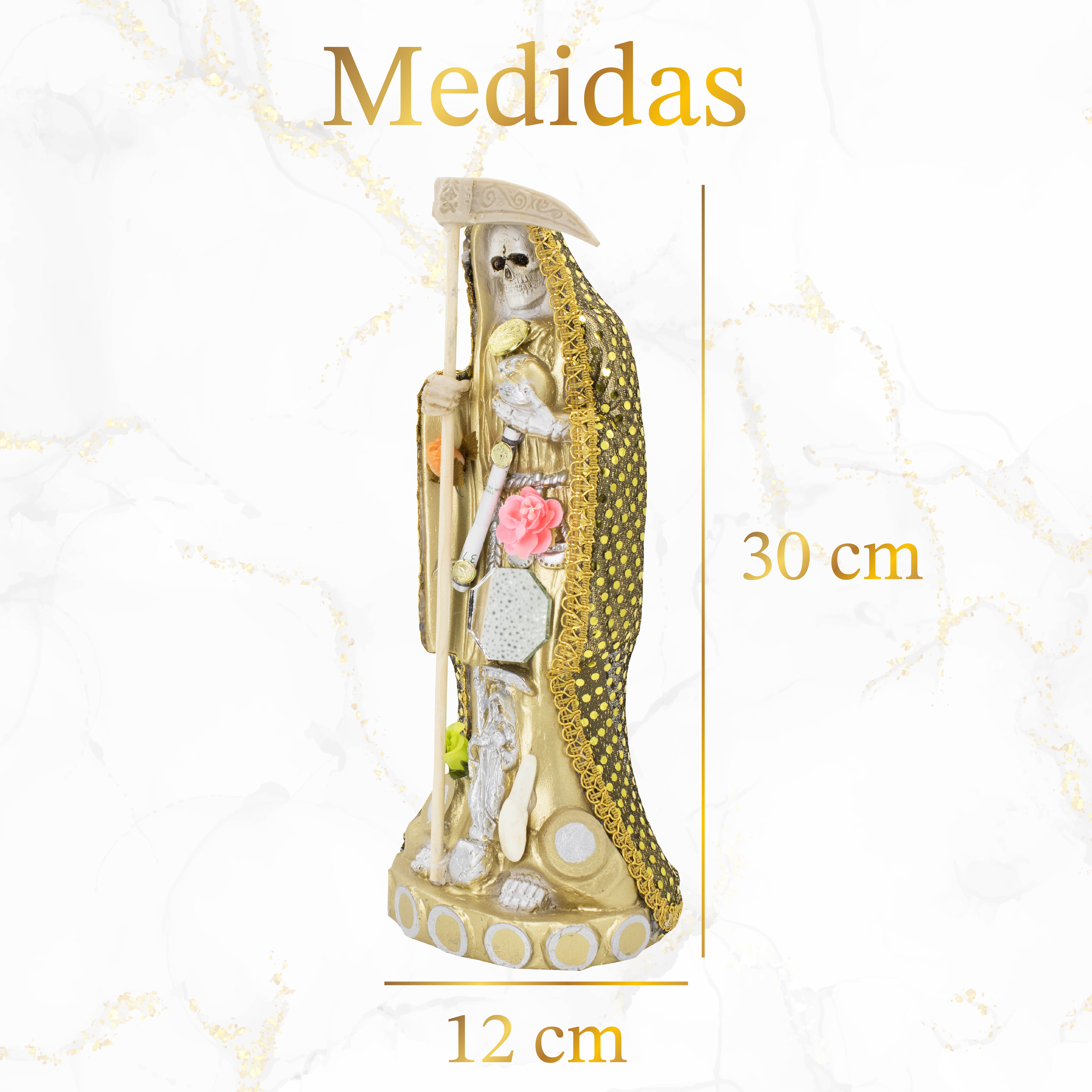 Santa Muerte Dorada para Dinero Y Negocio Vestida 30 Cm + Libro Esotérico