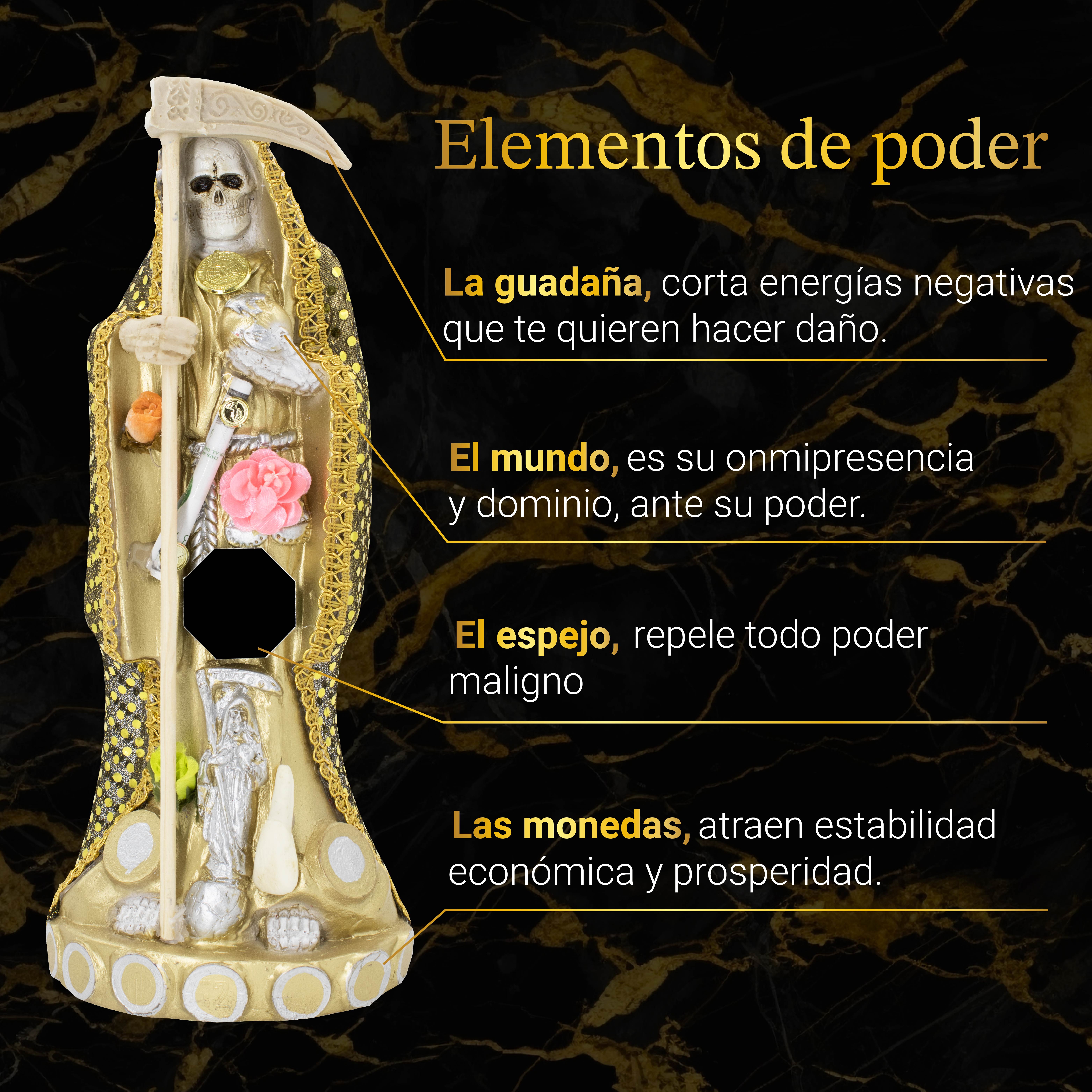 Santa Muerte Dorada para Dinero Y Negocio Vestida 30 Cm + Libro Esotérico