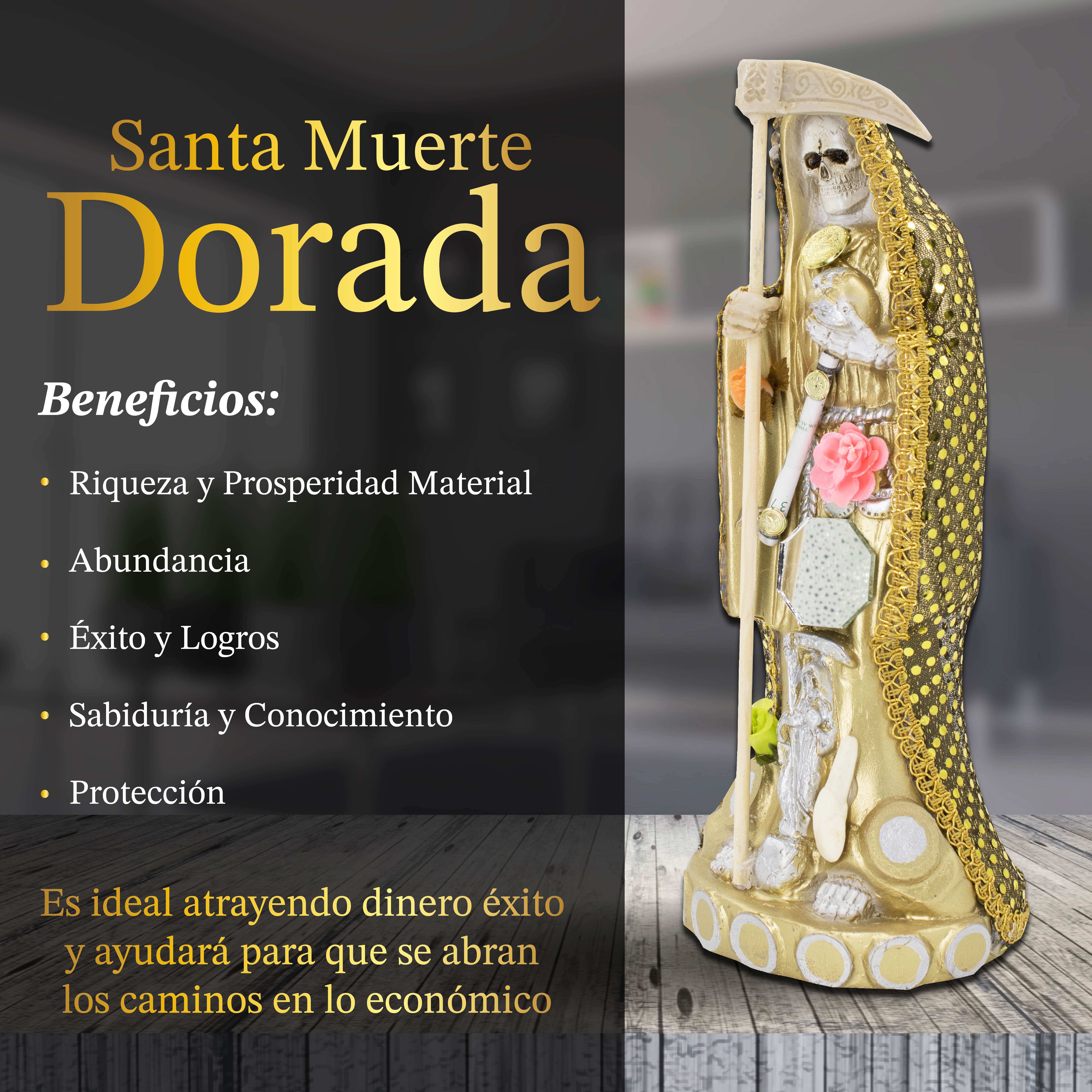 Santa Muerte Dorada para Dinero Y Negocio Vestida 30 Cm + Libro Esotérico