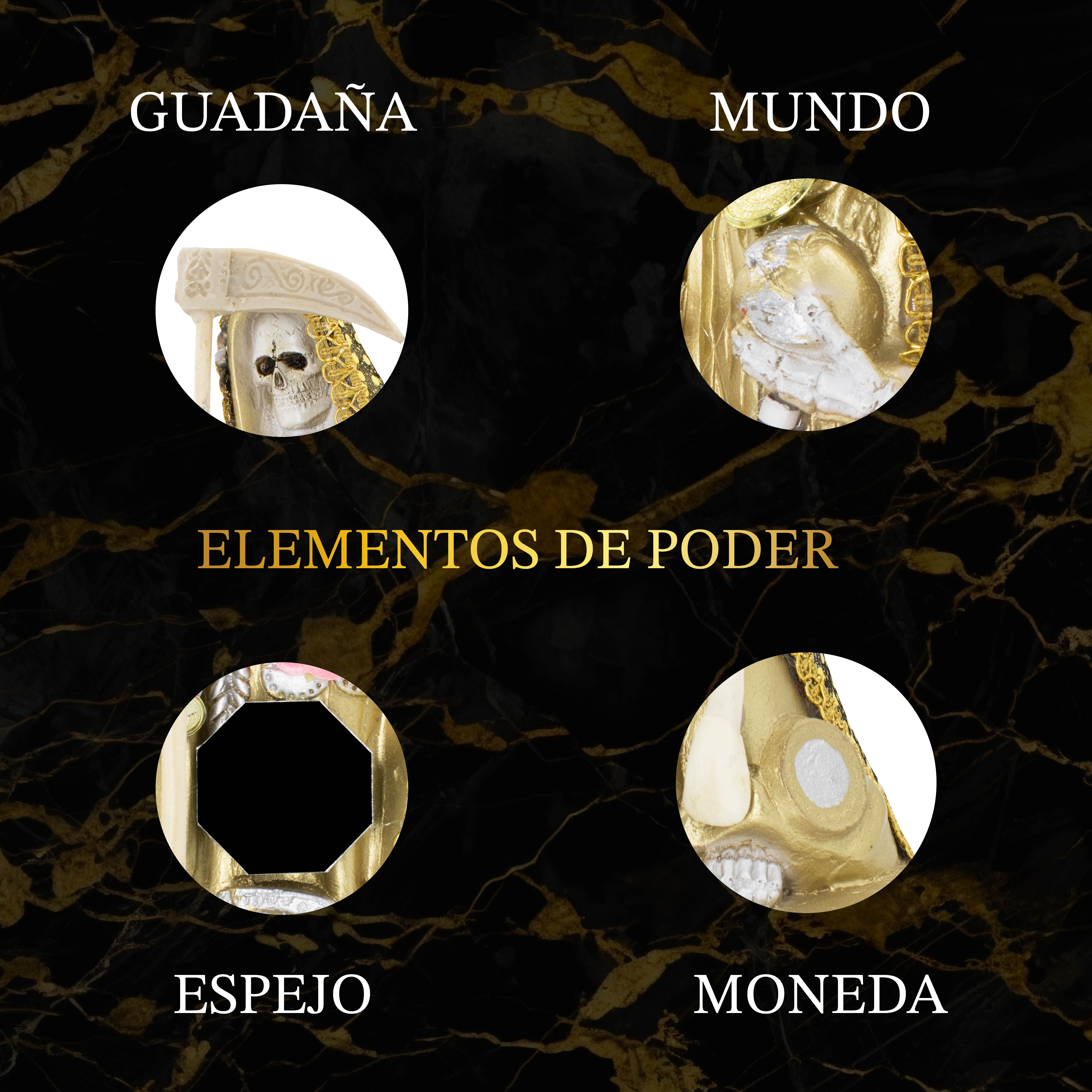 Santa Muerte Dorada para Dinero Y Negocio Vestida 30 Cm + Libro Esotérico