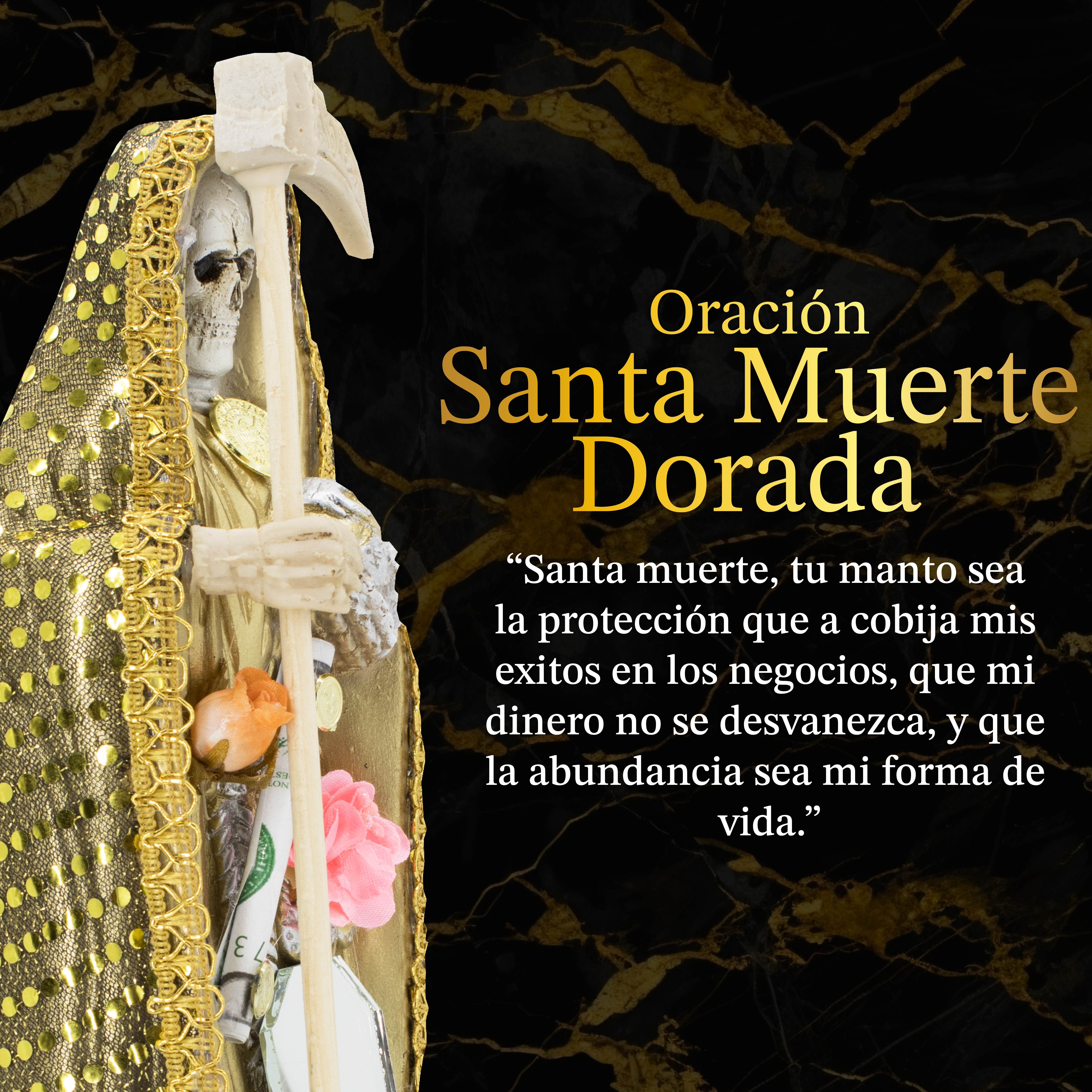 Santa Muerte Dorada para Dinero Y Negocio Vestida 30 Cm + Libro Esotérico