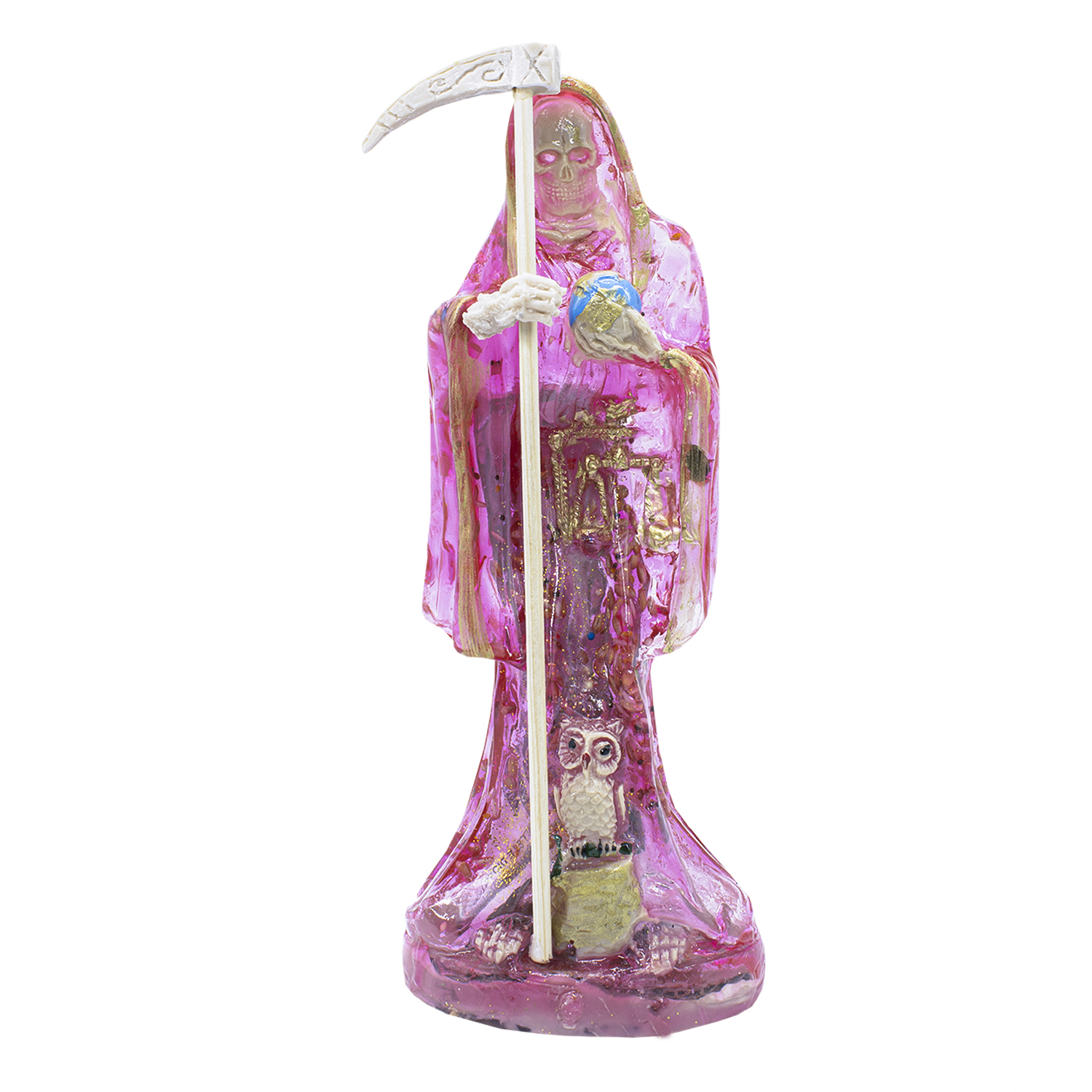 Santa Muerte Rosa Transparente Amor Curada 15 Cm + Biblia