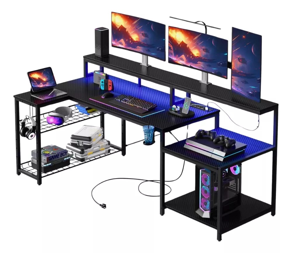 Escritorio Gamer Grande L Rgb Fibra Carbono Toma Corriente