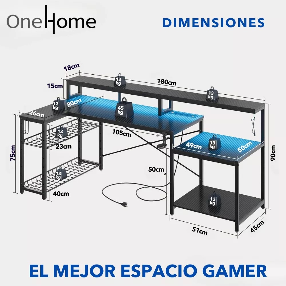Escritorio Gamer Grande L Rgb Fibra Carbono Toma Corriente