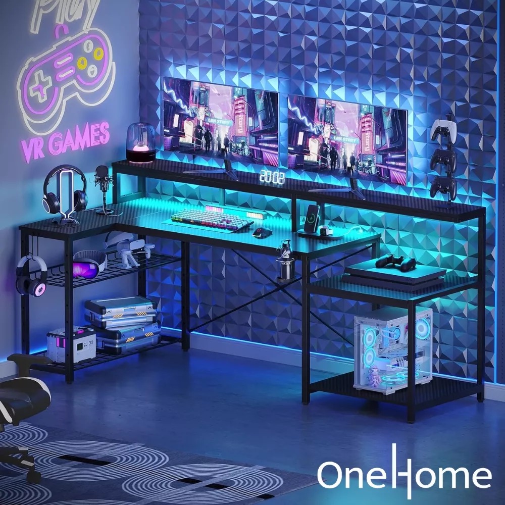 Escritorio Gamer Grande L Rgb Fibra Carbono Toma Corriente