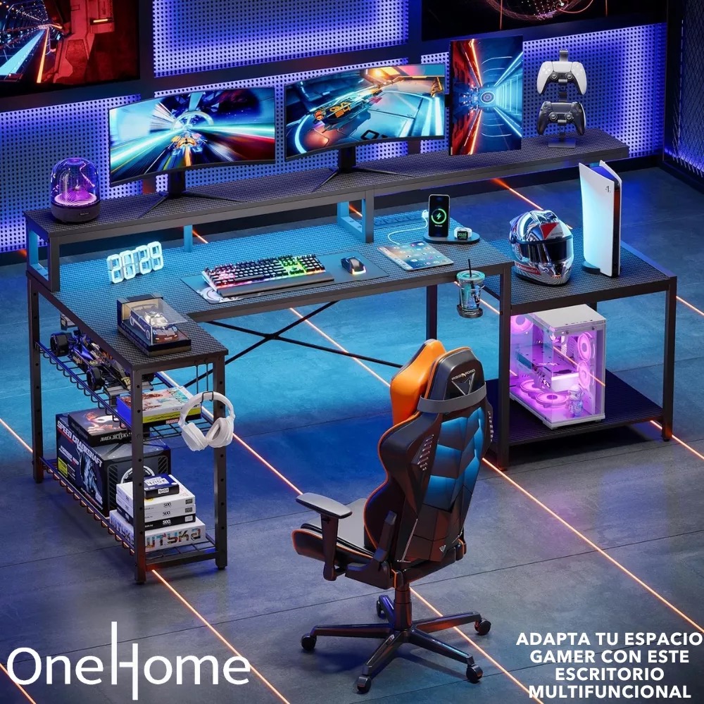 Escritorio Gamer Grande L Rgb Fibra Carbono Toma Corriente