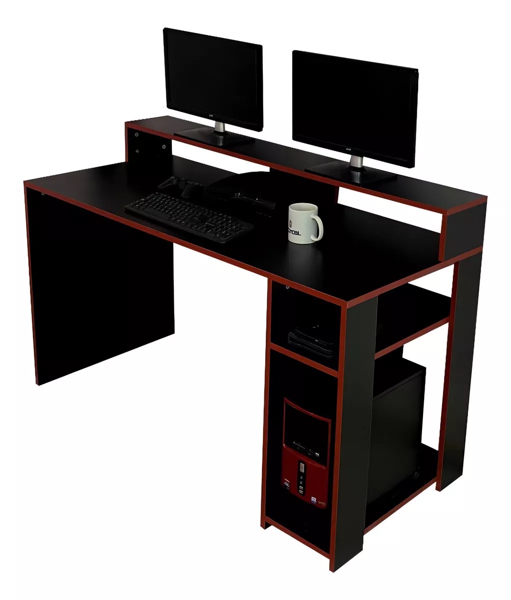 Escritorio gamer Decomobil EscriGamer melamina de 140cm x 75cm x 60cm negro y rojo Melamina texturizada