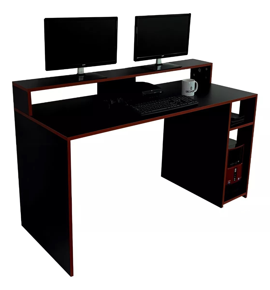 Escritorio gamer Decomobil EscriGamer melamina de 140cm x 75cm x 60cm negro y rojo Melamina texturizada