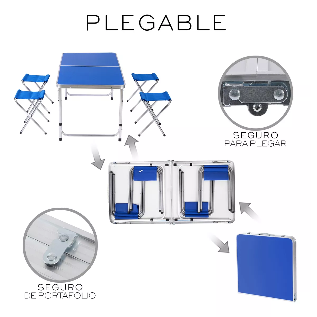 Mesa Plegable Portátil Con 4 Bancos Para Jardin Azul