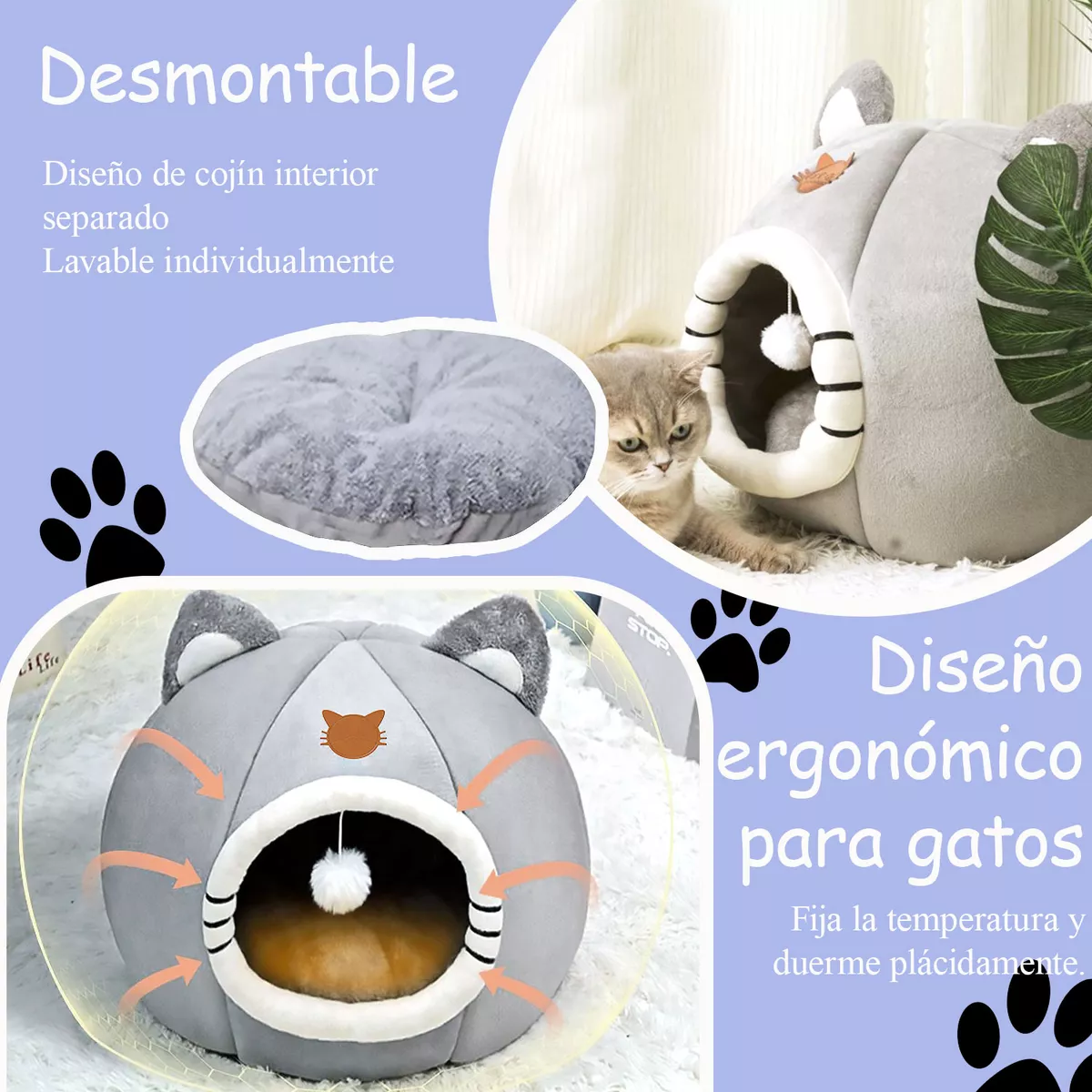 2 En 1 Cama Cueva Y Casa Para Gato Perro Cachorro Con Cojín