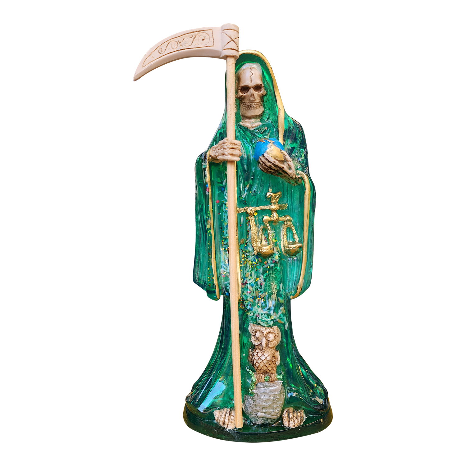 Santa Muerte 30 Cm Transparente Verde Justica + Libro