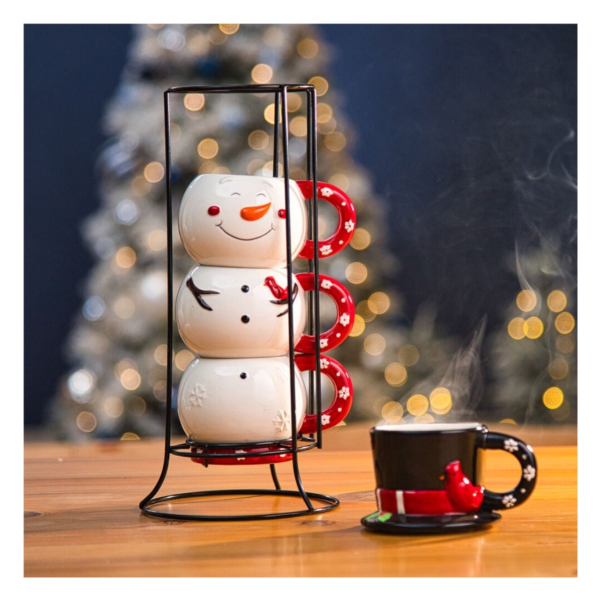Juego de Tazas Navideñas Member's Choice Muñeco de Nieve + Rack Fina Cerámica