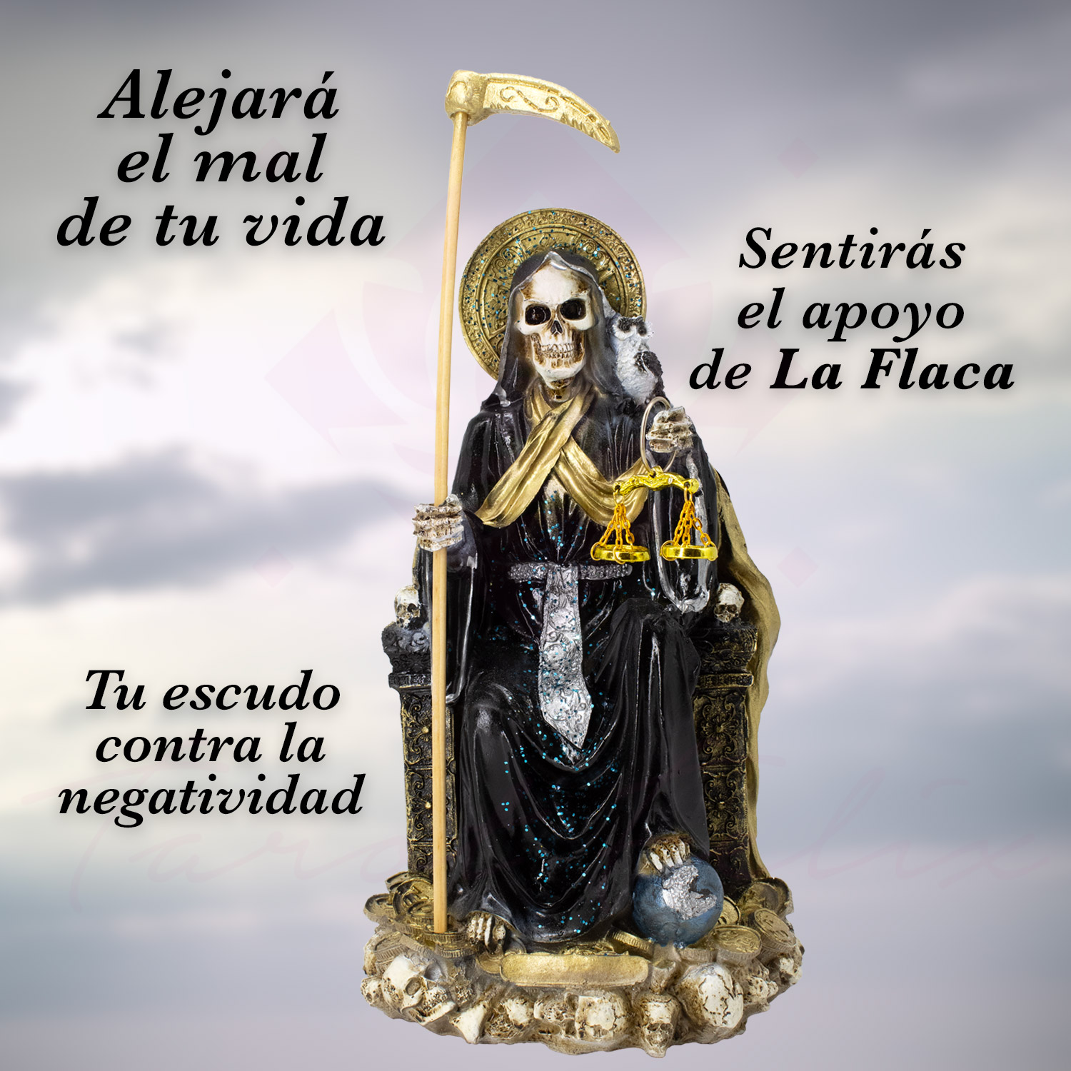 Santa Muerte Suprema 30 cm Negra con Búho + Libro
