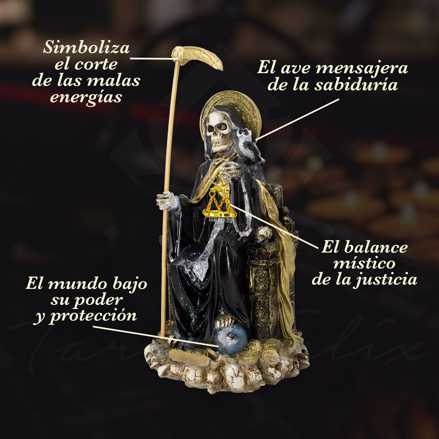 Santa Muerte Suprema 30 cm Negra con Búho + Libro