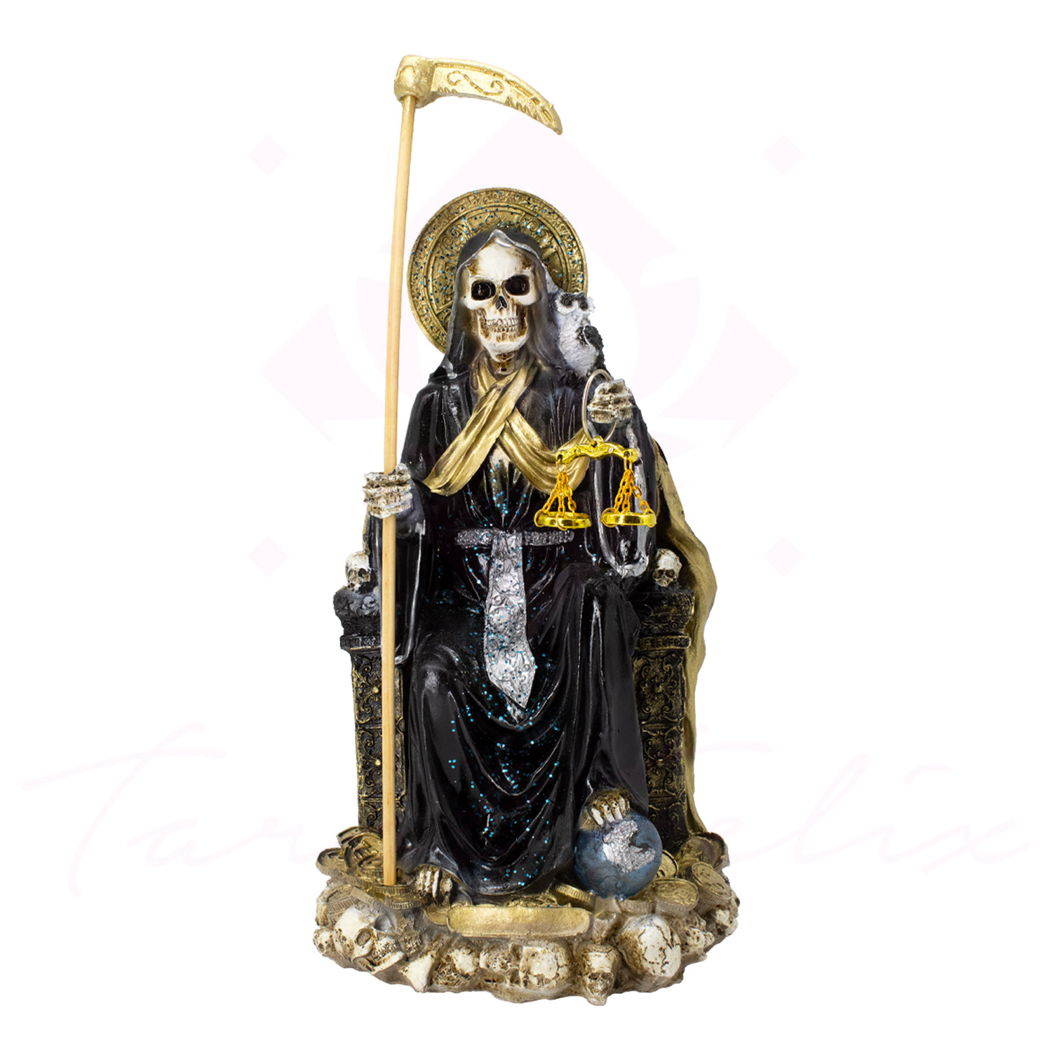 Santa Muerte Suprema 30 cm Negra con Búho + Libro