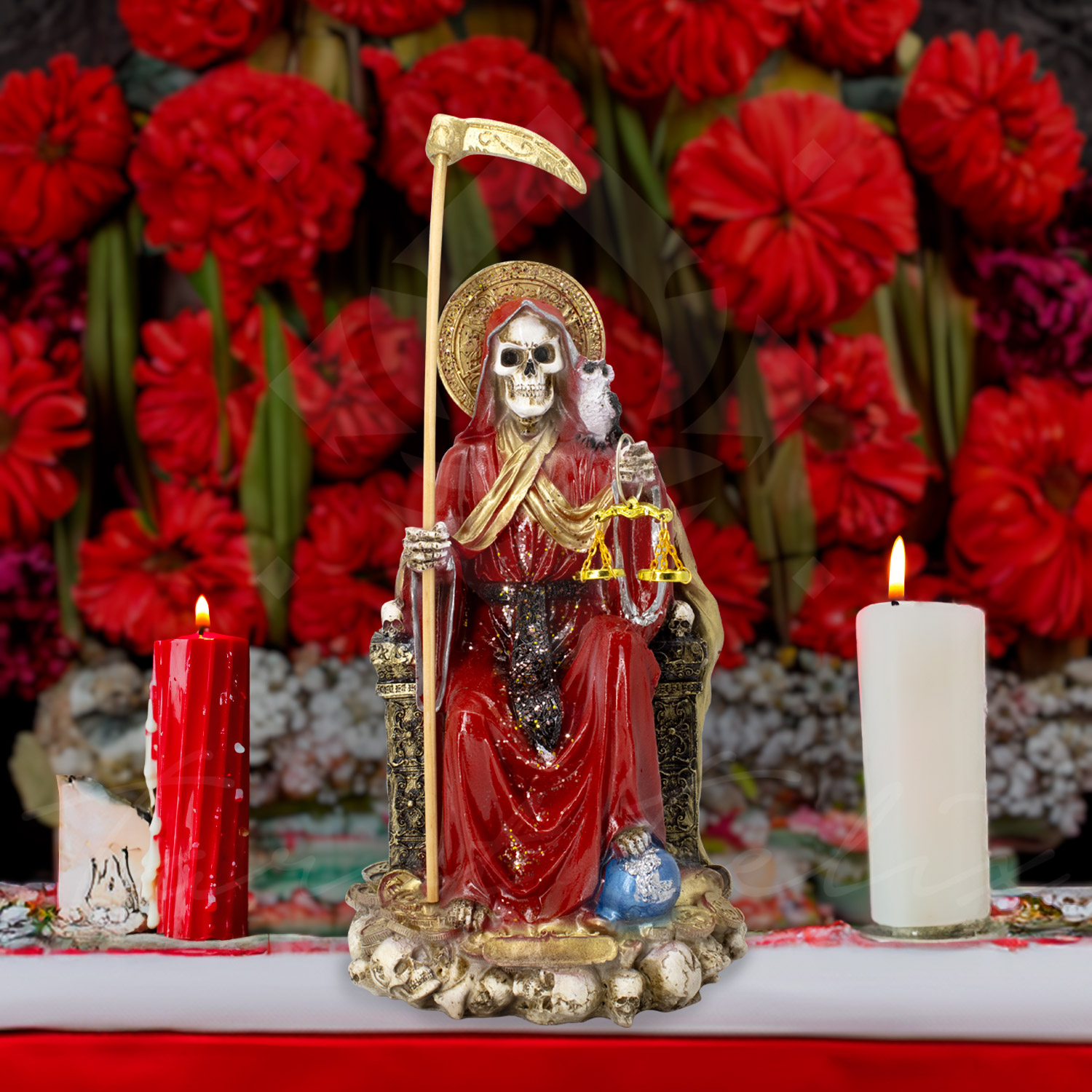 Santa Muerte Suprema Roja Búho 30 Cm Curada+ Libro
