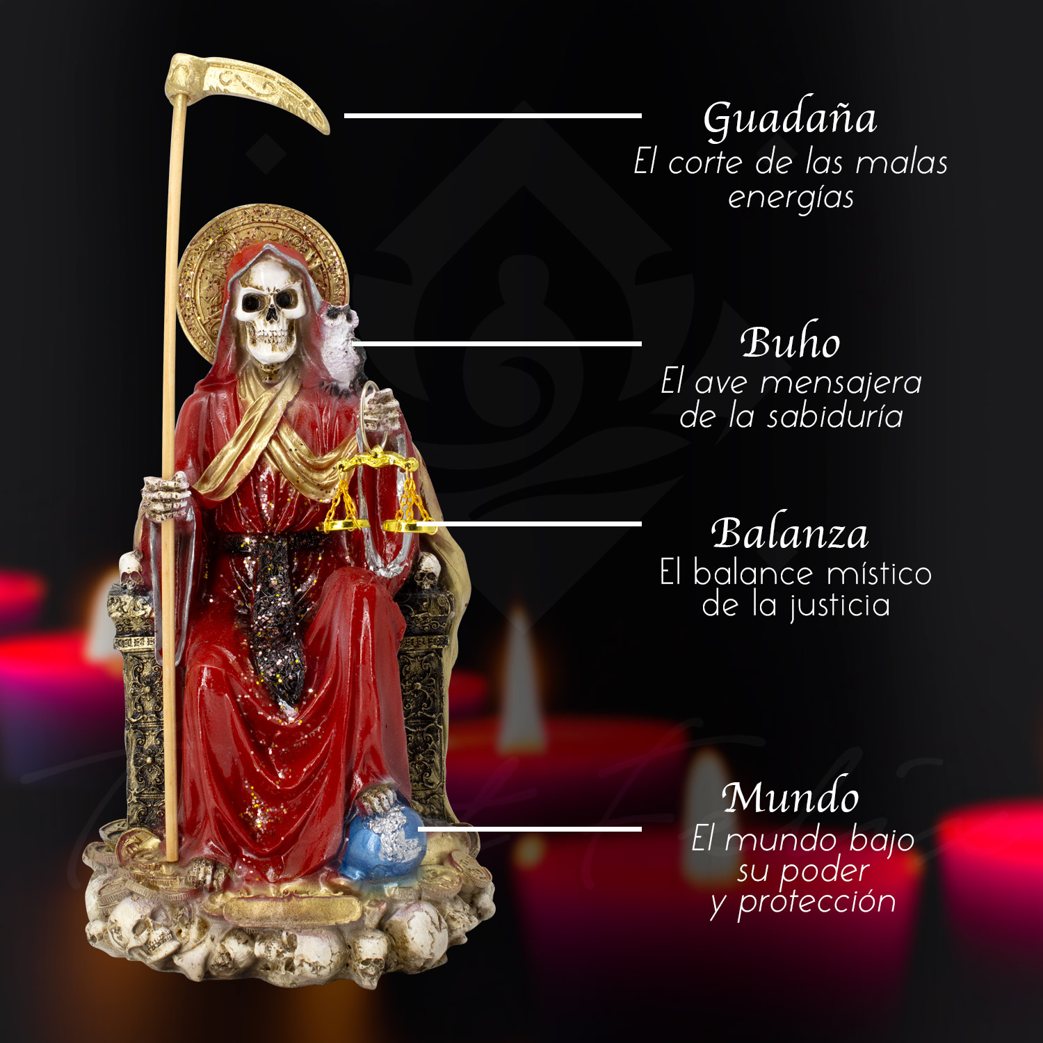 Santa Muerte Suprema Roja Búho 30 Cm Curada+ Libro
