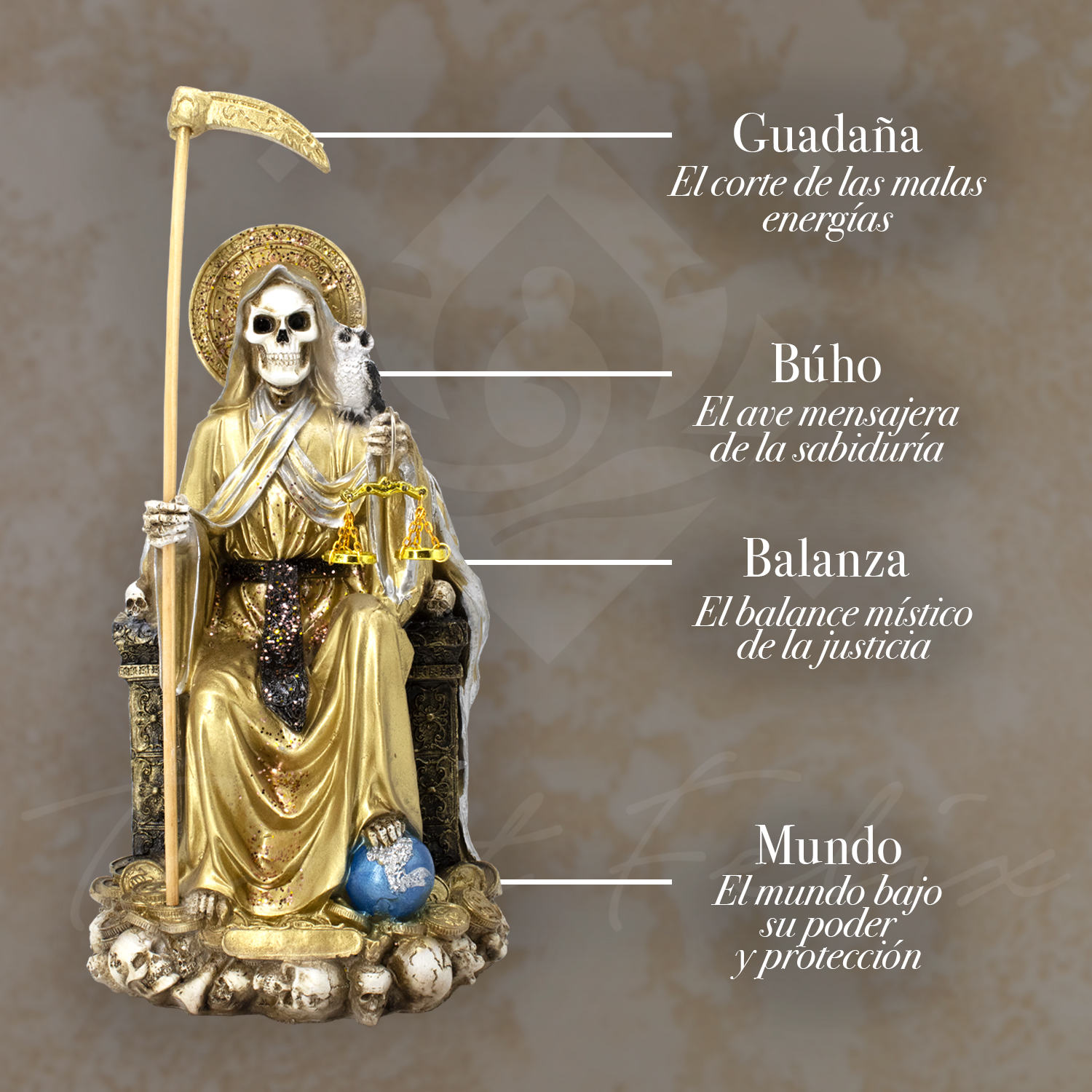 Santa Muerte Suprema Dorada Búho 30 Cm Curada+ Libro