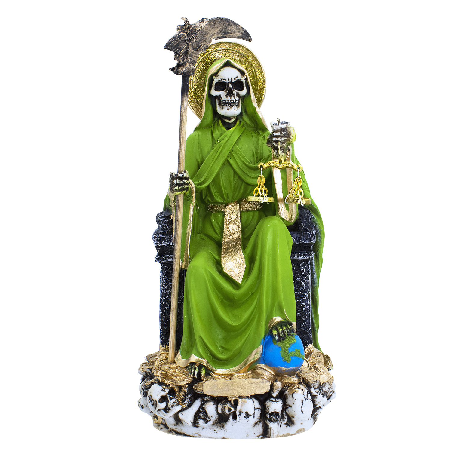 Santa Muerte Verde Suprema Sentada 30 Cm Curada + Libro