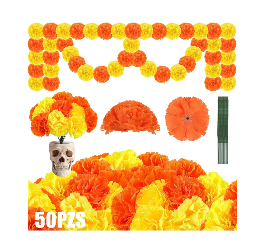 50pzs Flor Cempasúchil Decoración De Halloween Dia Muertos naranja y amarillo