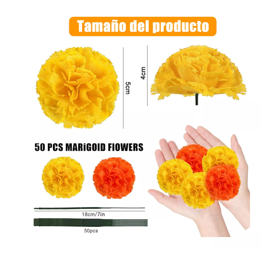 50pzs Flor Cempasúchil Decoración De Halloween Dia Muertos naranja y amarillo
