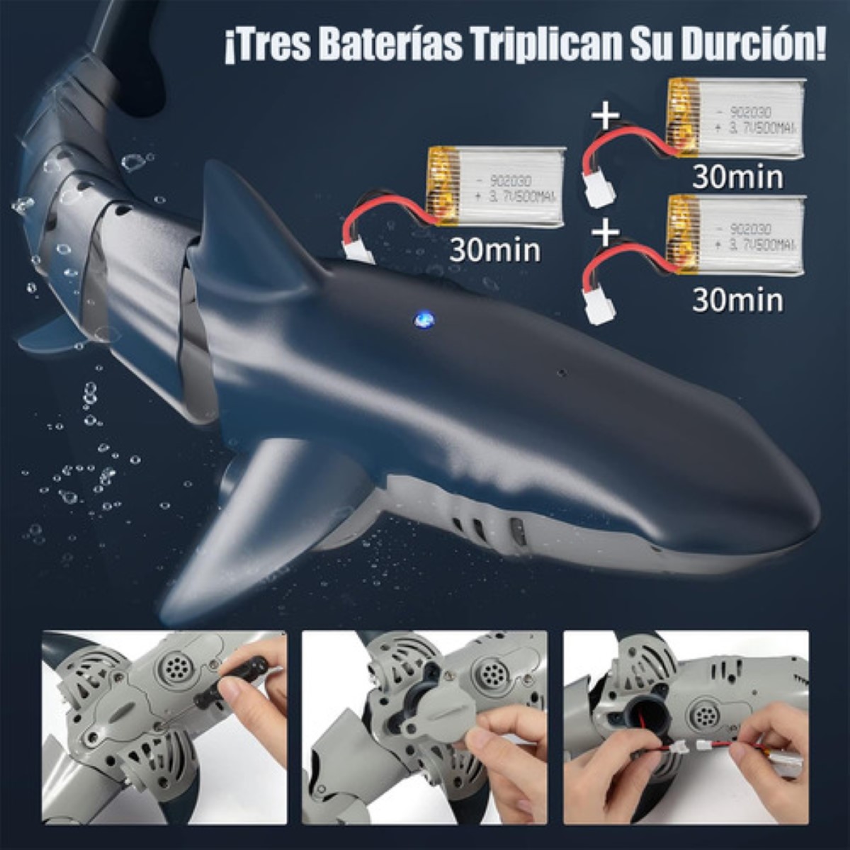 Juguete De Tiburón Con Control Remoto Con Tres Baterias Azul