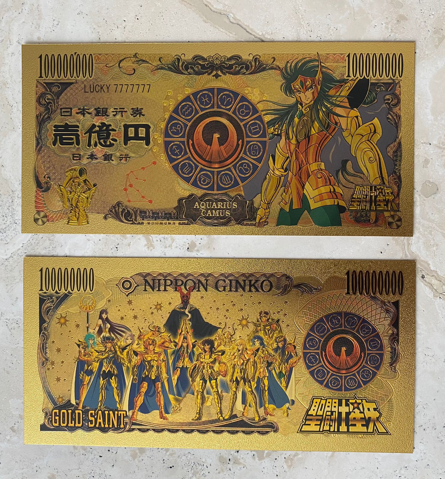 Exclusivo! Billete de Coleccion Dorado Saint Seiya Caballeros del Zodiaco Plastificado Camus de Acuario