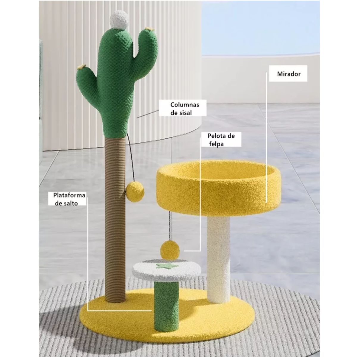 Rascador Para Gato Con Pelota De Juguete Y Plataforma Cactus
