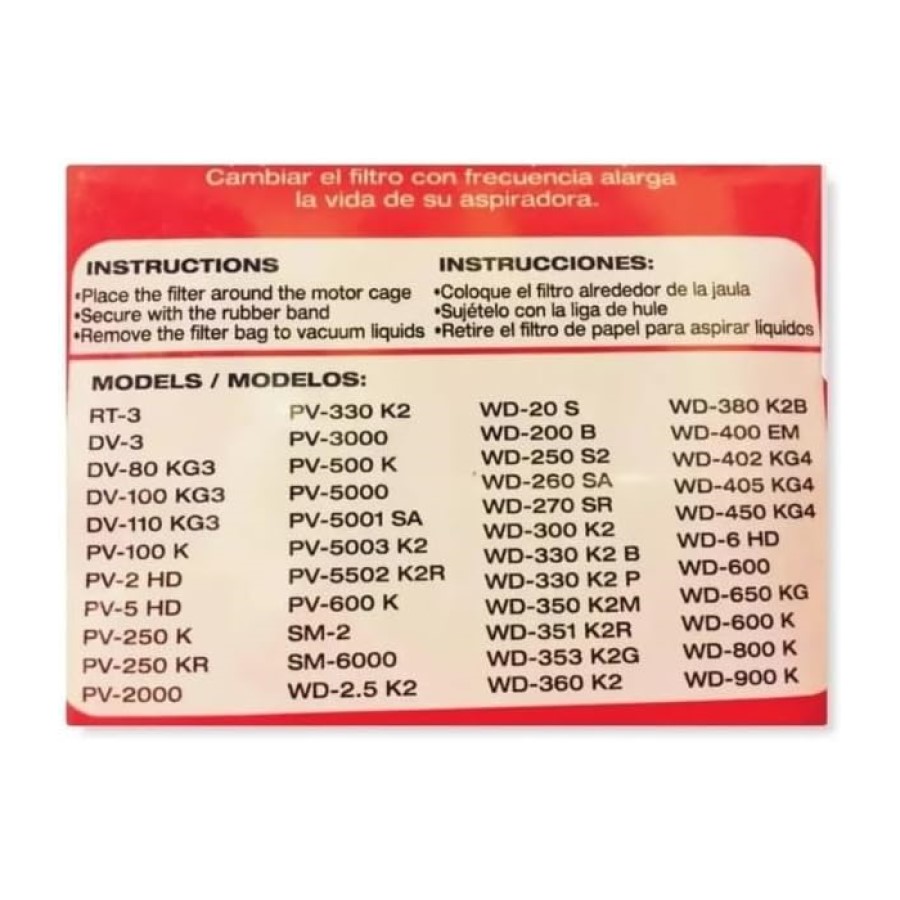 Filtro Para Aspiradora Koblenz Mod 45-0389-2, Repuesto Multiusos Seco/Mojado