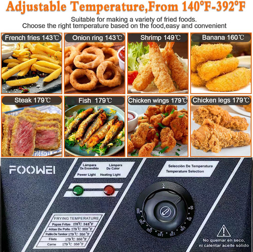 Freidora Aceite Eléctrica Plateado 110V 1700 W Automática Industrial Acero Inoxidable Gran Capacidad 8 Lt Foowei