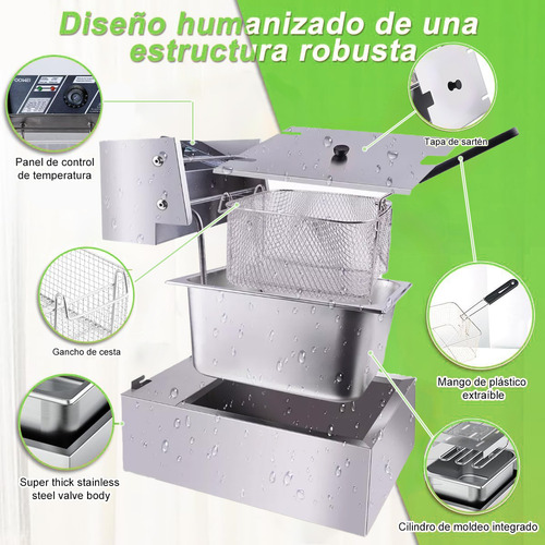 Freidora Aceite Eléctrica Plateado 110V 1700 W Automática Industrial Acero Inoxidable Gran Capacidad 8 Lt Foowei